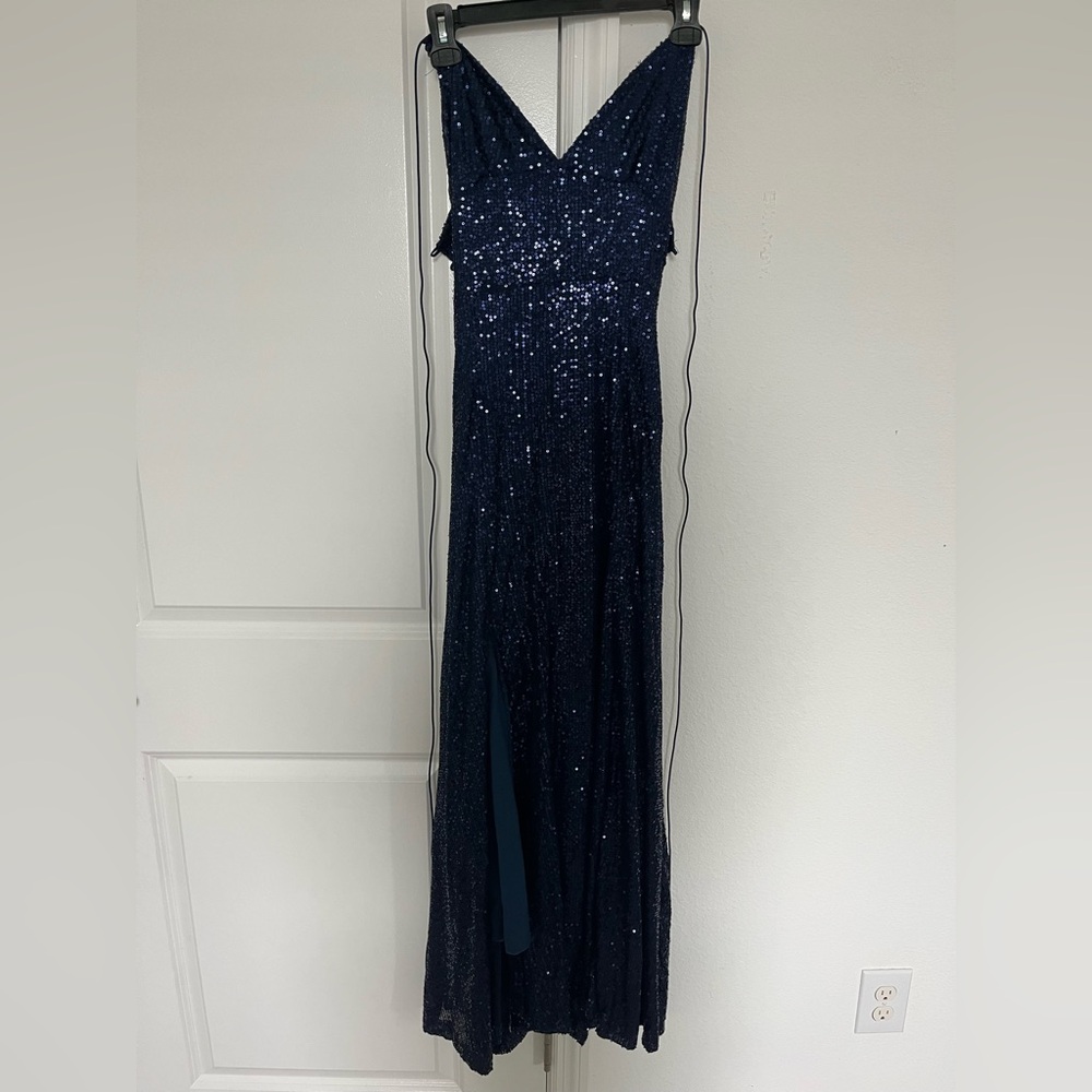 Navy sequin prom dress with slit